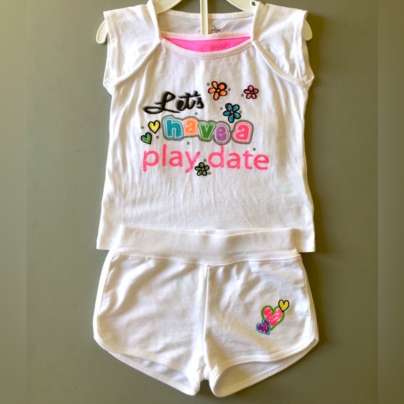 LKNEW Okie Dokie Girls 3T Graphic Tshirt Shorts Set Summer Outfit Neon - Picture 1 of 2